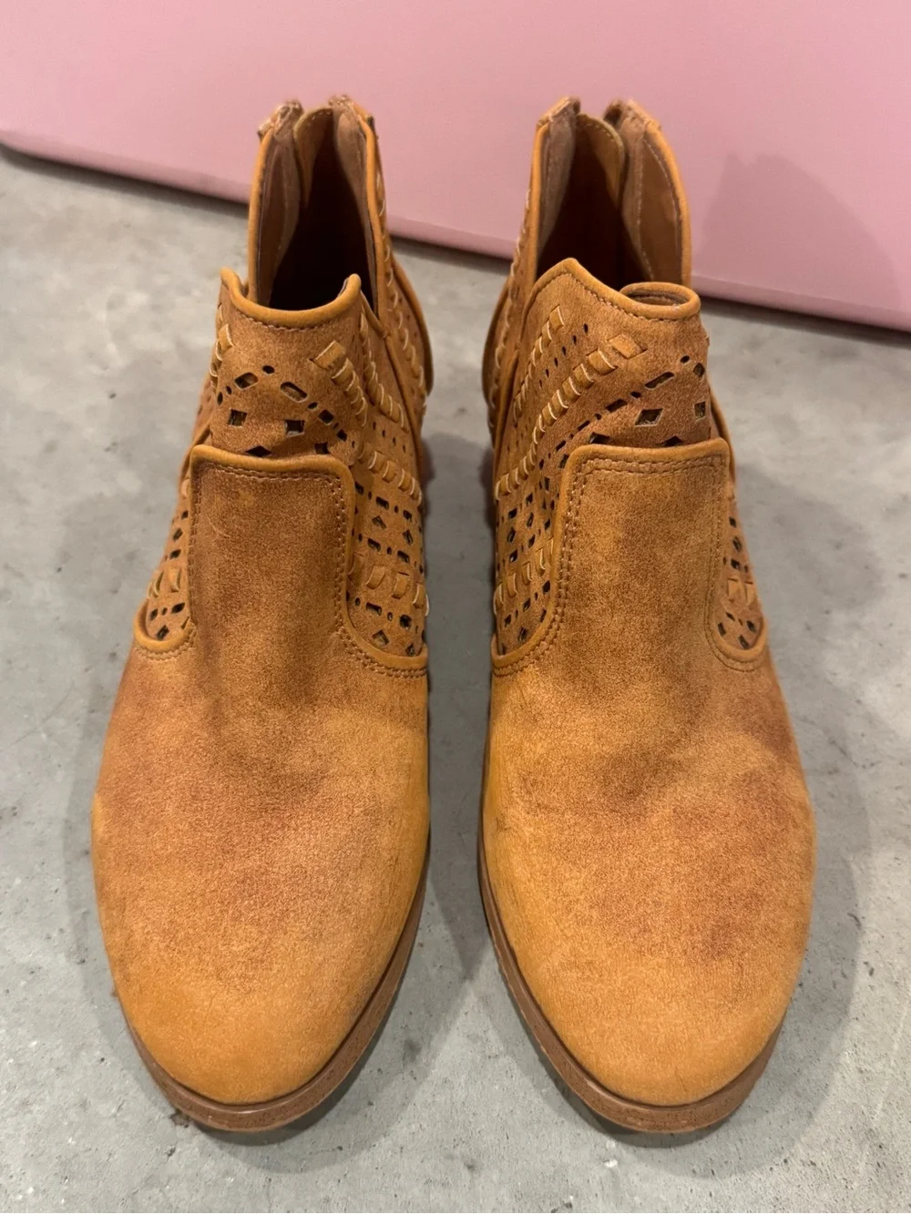Suede Cutout Ankle Booties in Tan